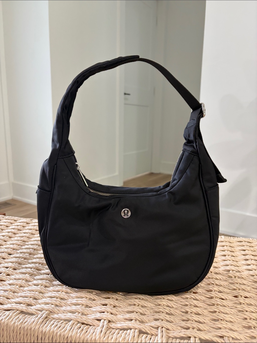 lululemon athletica Black Nylon Shoulder Bag with Logo Accent